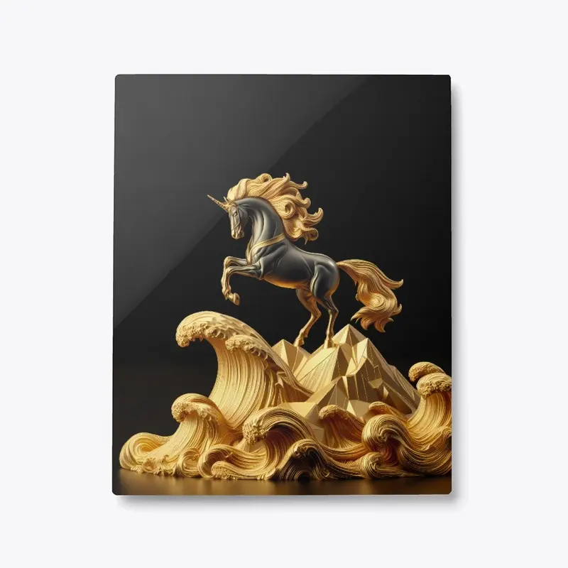 Elegant Unicorn Leaping on Golden Wave